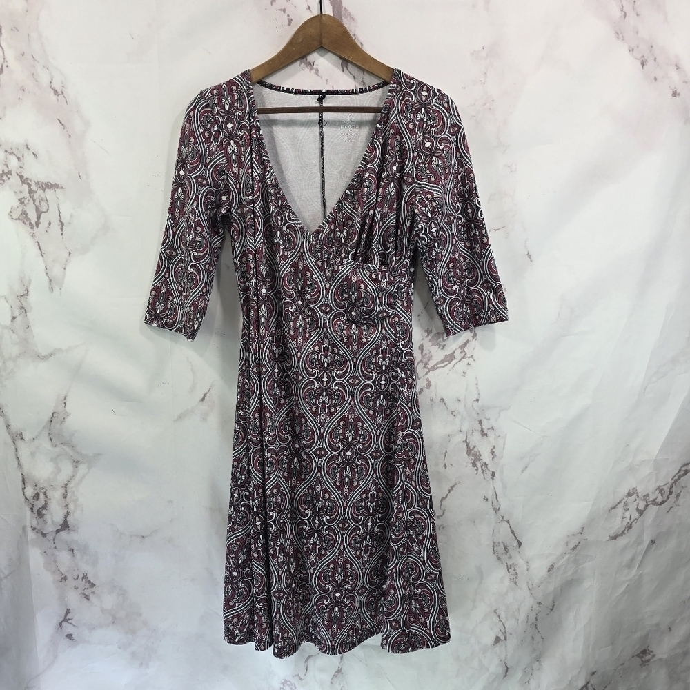 Prana Dress Women Medium Red Gray V Neck Jersey Stretch Faux Wrap Paisley Ikat